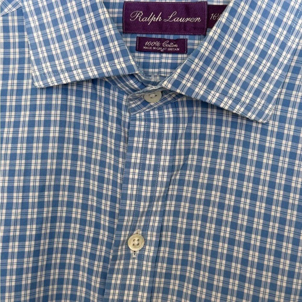 PURPLE LABEL Ralph Lauren Blue Checked Button-Down Shirt - Men's 16.5 - Picture 3 of 6